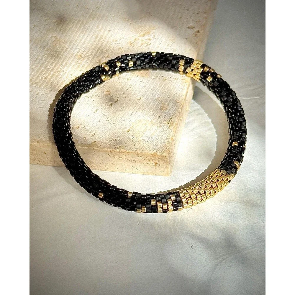 Handmade Miyuki Seed Bead Bracelet - Black & 24k Gold - Crochet Rope